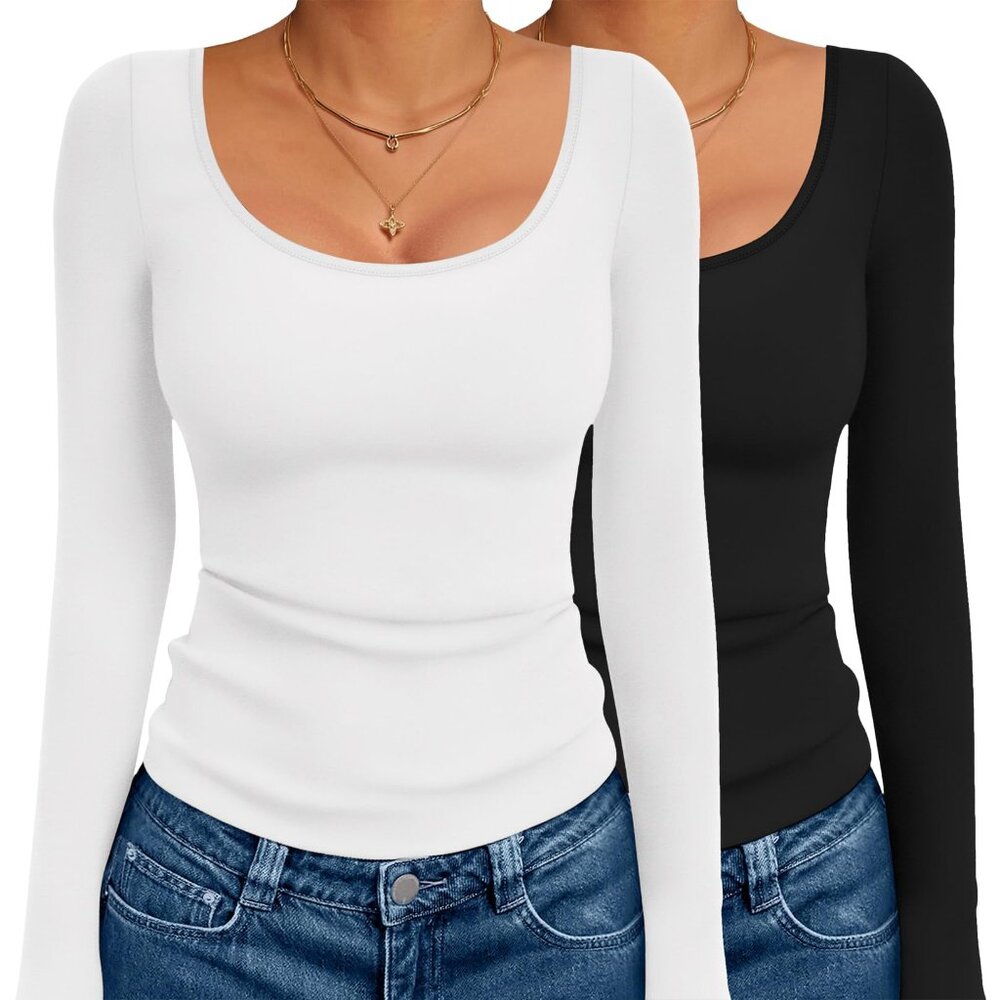Long Sleeve Scoop Neck Thermal Tee Slim Fit Basic Chic Minimal 2 Pack